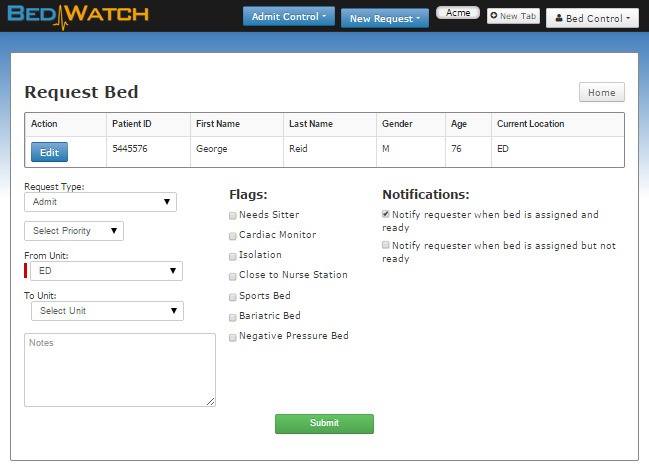The Admit Control Bed Request screen allows admitting staff to quickly and easily submit bed requests.
