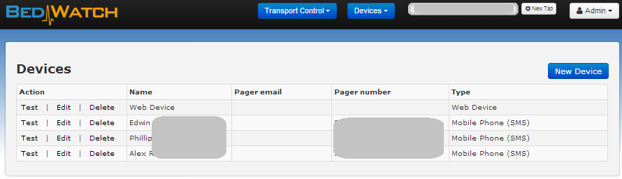 BedWatch Transport Control Devices Mgmt Page Screen Shot