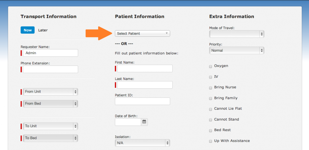 Transport Patient Drop-Down Screenshot - Feature Update for Blog 1.8.14